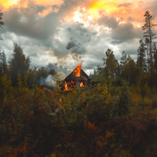 cabin on fire in remote forest cabin on fire in remote forest
