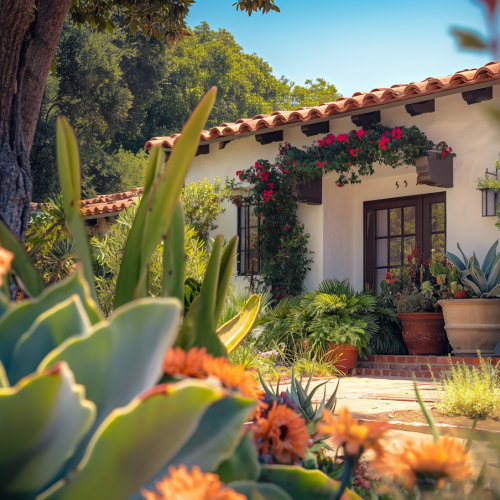 mediterranean house surrounded by lush garden