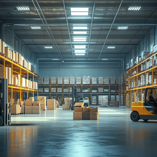 organized industrial warehouse with forklifts